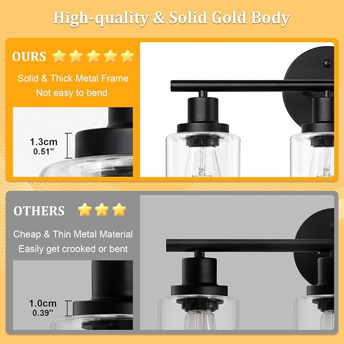 Unicozin Modern Bathroom Light Fixtures, 3 Light Vanity Lights with E26 Bulbs, Black Wall Lamp with Clear Glass for Mirror Living Room Hallway Cabinet Porch