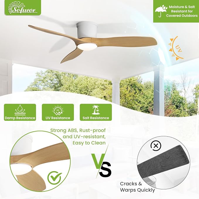 Sofucor 52 Inch Smart Ceiling Fan with Lights, Modern Low Profile Flush Mount Ceiling Fan with 6500CFM, Compatible with Alexa/Google/App, 3 Plastic Blade, Dimmable Timer Reversible DC Motor, ETL, ABS