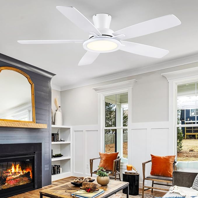 BYKISTOK 52In Flush Mount Ceiling Fans with Lights - White Low ProfileCeiling Fan with Remote/APP, Reversible, 3CCT Dimmable, Modern Fan Light for Indoor Living Room, Outdoor Covered Patios