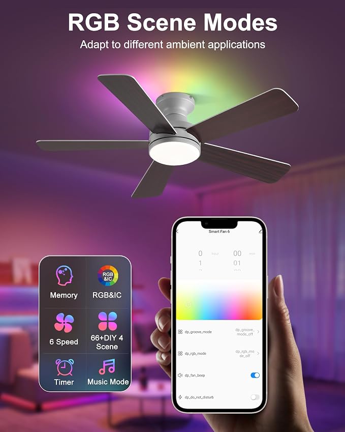 42 Inch Ceiling Fans with Lights, Smart Ceiling Fan with Alexa, Silver Ceiling Fan with RGB Lights Remote, 6 Speeds Reversible DC Motor, Modern Flush Mount for Bedroom Living Room