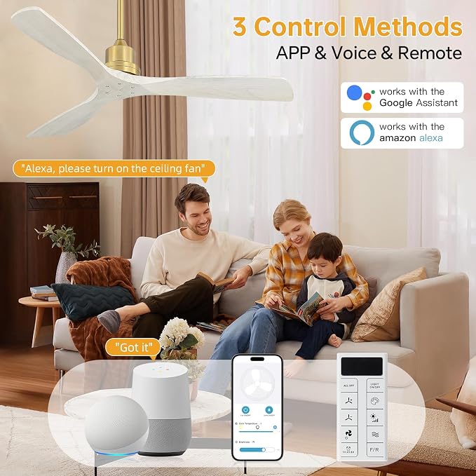 Sofucor Smart Ceiling Fan no Lights, 52" Low Profile Wood Ceiling Fans with Remote, Compatible with Alexa/Google/App, for Bedroom Living Room Patio Porch Indoor Outdoor