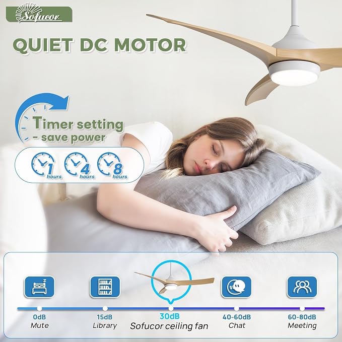 Sofucor 52 Inch Ceiling Fan with Light, Outdoor Modern Ceiling Fan with Lights Remote Control, Airflow 6000CFM 3 CCT Dimmable 3-Timer ABS 3 Blades Reversible DC Motor for Living Room Bedroom Patio