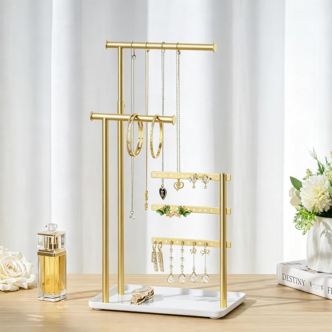 susswiff Jewelry Holder Organizer Stand - Adjustable Tall 17.5" (Max), Sturdy Jewelry Hanger for Necklaces, Earrings, Bracelets, Rings, Jewlery Display and Storage, Gold and White, Metal