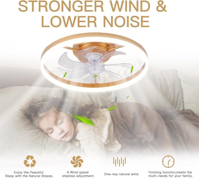 STERREN Modern Gold Ceiling Fans with Lights,20" Dimmable Flush Mount Low Profile Ceiling Fans with Remote Control,Indoor Smart Ceiling Fan with Light for Bedroom