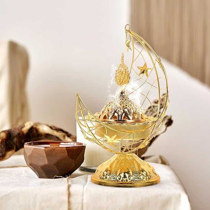 Zerodeko Arabic Incense Holder, Middle East Ramadan Incense Burner Arab Crescent Tea House Censer Handheld Aroma Furnace for Muslim Islam Festival Decoration Golden