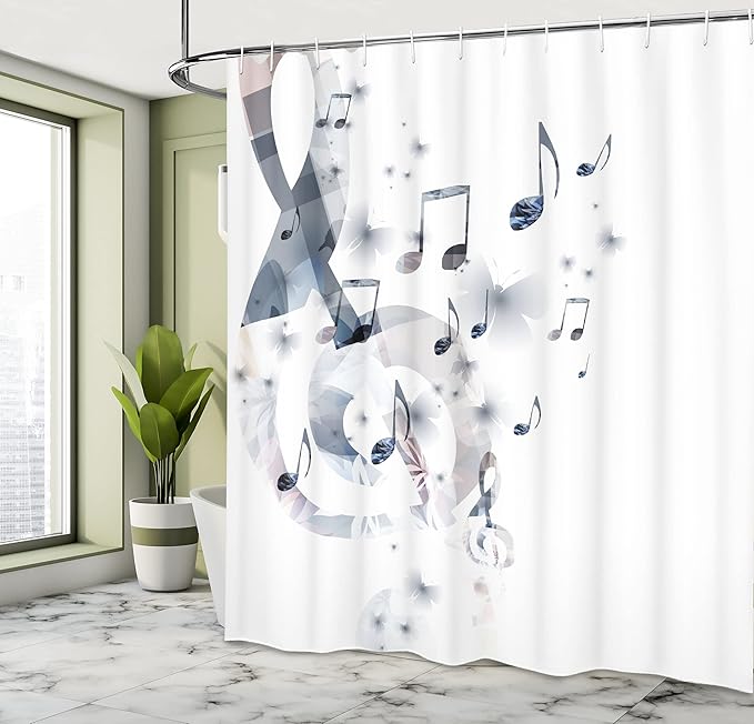 Ambesonne Music Shower Curtain, G-Clef Key Instrument Creative Rhythmic Ornate Motifs Digital Design Print, Cloth Fabric Bathroom Decor Set with Hooks, 69" W x 84" L, Soft Grey