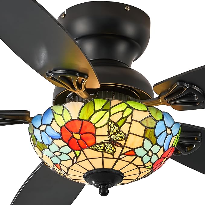 Tiffany Ceiling Fans with Lights - 48" Ceiling Fan Chandelier with 5 Dual-Blades and Glass Shade, 6 Speeds and Reversible, Indoor and Outdoor, Retro Style
