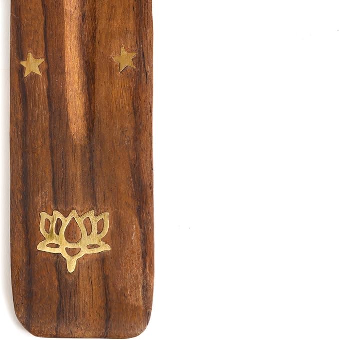 Incense Garden Wooden Incense Holder for Sticks with Inlays of Brass Lotus Flower 10 inches Long