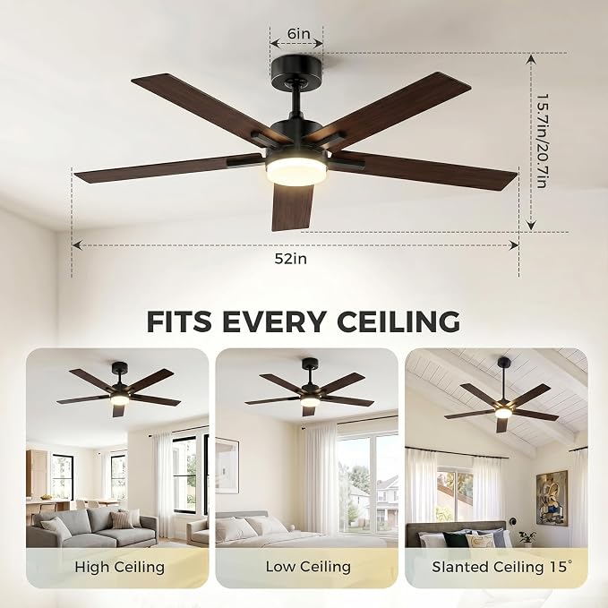 Obabala Ceiling Fan with Light 52 Inch, DC Motor Ceiling Fan with Remote and APP Control, Dimmable LED Color Changing, Reversible Quiet Fan for Bedroom Living Room Indoor Outdoor, Modern