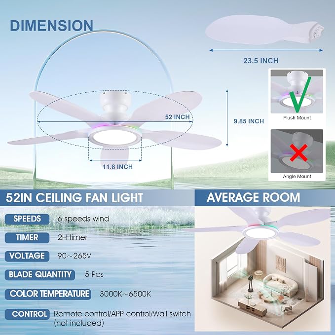 Kviflon 52 Inch Ceiling Fans with Lights and Remote/APP Control, Low Profile Ceiling Fans with Dimmable White + RGB Ring Lights, 6 Speeds 5 Curved Blades for Kids Room Bedroom Bar, White