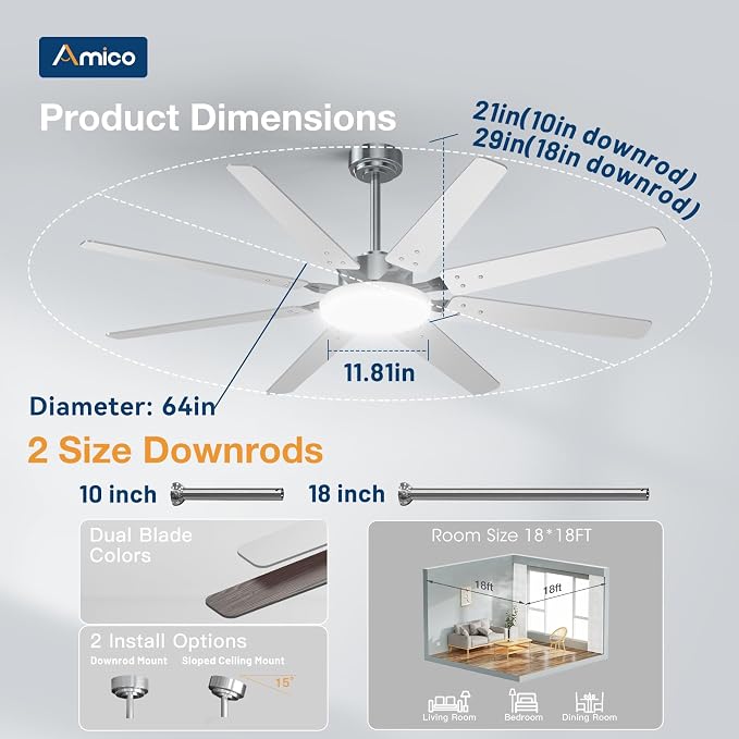 Amico 64 inch Ceiling Fans with Lights,Large Ceiling Fan with Light and Remote Control, Dimmable, 6 Speed Reversible Quiet DC Motor, Nickel Modern Ceiling fan For Living Room, Kitchen, Patio