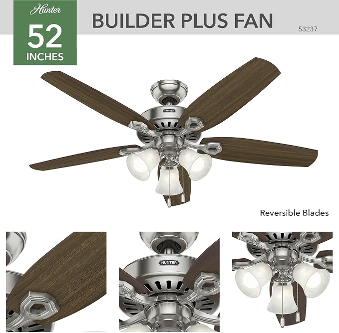 Hunter 52 inch Indoor Ceiling Fan with LED Lights - Ceiling Fan with Pull Chain, For Bedroom or Living Room, Standard Mount, No Remote, 5 Blades, Includes Bulbs - Builder Plus 53237, Brushed Nickel | with LED Lights, Standard Mount, Pull Chain, For Bed...