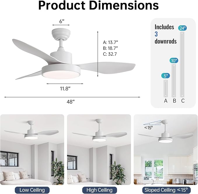 Sofucor 47 Inch Ceiling Fan with Lights and Remote Modern Outdoor White LED Ceiling Fans with Large Light Fixture Dimmable 6 Speeds Reversible DC Motor &Timing for Patio Bedroom Living Room Office