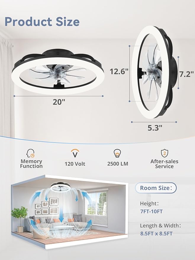 LEDIARY 2 Pack 20 Inch Low Profile Ceiling Fans with Lights and Remote, Dimmable Modern Fan Light(3000K-6000K), 6 Speed, Reversible, APP & Remote Control, Flush Mount Ceiling Fan for Bedroom, Black