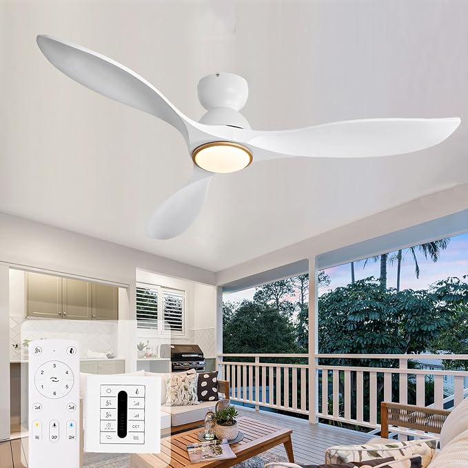 52 Inch Flush Mount White and Gold Ceiling Fans with Lights and Remote,Low Profile Ceiling Fan with Light,Dimmable,Quiet Noiseless DC Motor for Patios,Living Room,Bedroom(Wall Control Switch)