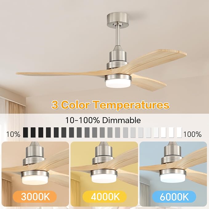 Sofucor 52" Ceiling Fan with Lights and Remote Control, Indoor Outdoor Modern Wood Ceiling Fan for Bedroom Living Room Patio Porch, with Reversible DC Motor, 6 Speeds, 3 Color Temperature