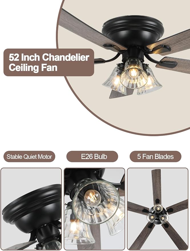 52 Inch Flush Mount Farmhouse Ceiling Fan with Light and Remote Classic Low Profile Ceiling Fan for Living Room Bedroom Patio