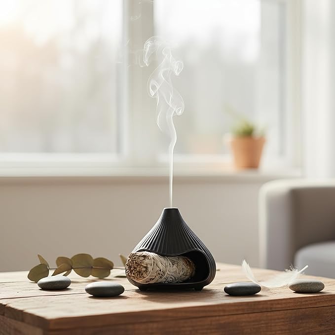 Retro Ceramic Palo Santo Holder, Sage Smudge Burner, Mini Fireplace Mount Fuji Chimney Incense Ash Catcher, Boho Zen Meditation Home Decor Gift (Matte Black)