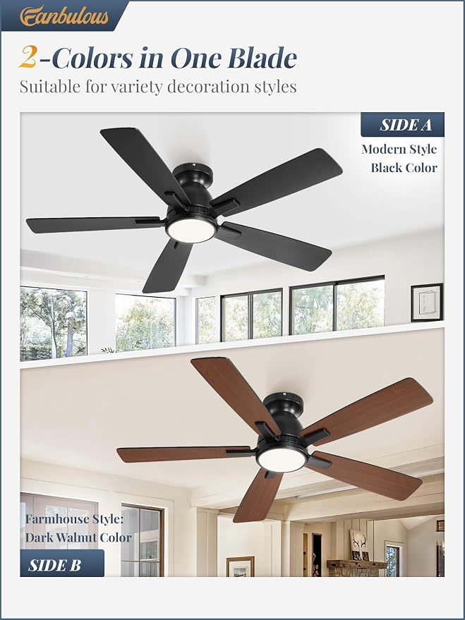 Fanbulous 46 Inch Flush Mount Ceiling Fan with Light and Remote, Black | 3CCT 20W LED, 6-Speed Quiet Reversible Motor, Modern Low Profile Flush Mount, Ideal for Bedroom/Living Room/Kitchen.