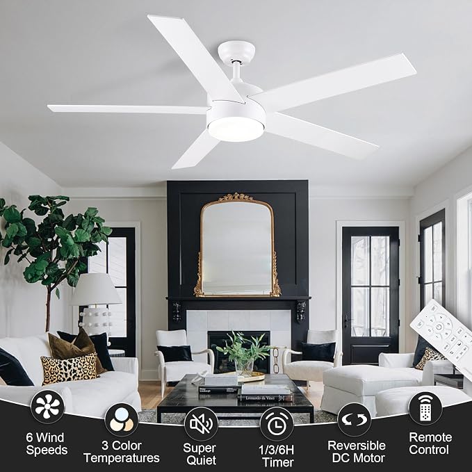 POCHFAN 60 Inch White Ceiling Fans with Lights and Remote Control,Quiet Modern Ceiling Fan for Bedroom,Living Room, Dining Room,Dimmable 3-Color Temperatures 6-Speed
