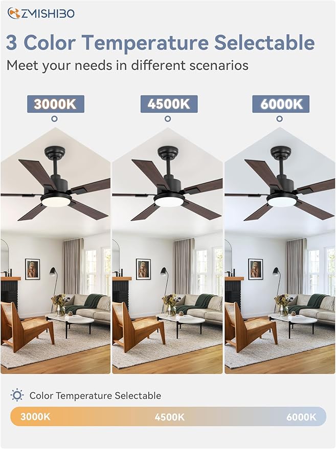 ZMISHIBO 52 inch Black Ceiling Fans with Lights and Remote, Indoor/Outdoor Modern Ceiling Fan for Bedroom Living Room Patio, 6 Speed Reversible Quiet DC Motor, 3 CCT, Dual Finish Blades