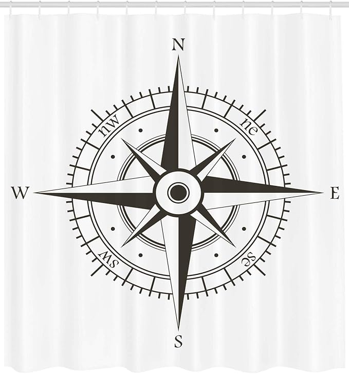 Ambesonne Compass Shower Curtain, Wind Rose Old Fashion Navigational Equipments Orienteering Illustration Print, Cloth Fabric Bathroom Decor Set with Hooks, 69" W x 84" L, Evergreen White