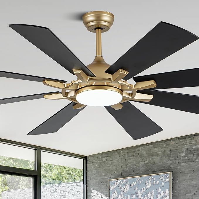 60" Black and Gold Ceiling Fan with Lights and Remote, LargeFandelier Ceiling Fan Modern Chandelier 3CCT LED Light for Living Room Indoor Porch, Reversible Quiet DC Motor 6 Speeds
