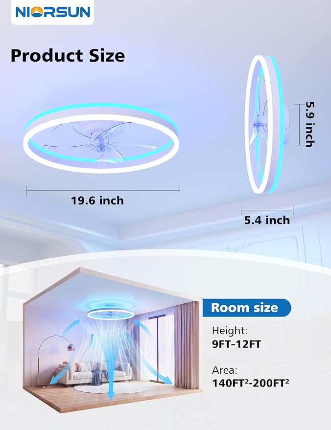 NIORSUN RGB Ceiling Fans with Lights and Remote, Modern Smart LED Ceiling Fans Light, 6 Speeds & 3000K-6500K Dimmable, Quiet Bladeless Fandelier Ceiling Fan with Light for Bedroom(20Inch,White)