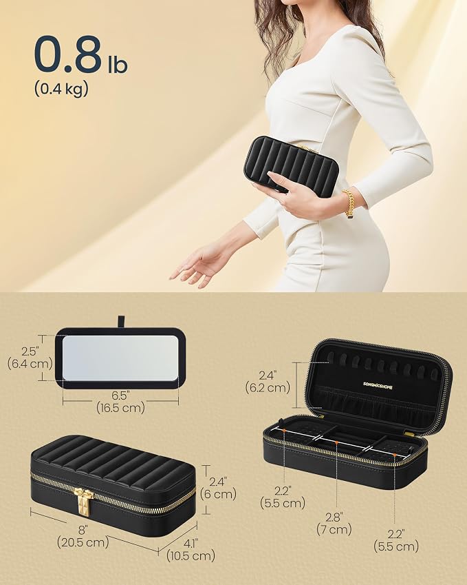SONGMICS HOME Travel Jewelry Case with Mirror, Stitching, Portable | Jewelry box organizer, 4.1 x 8 x 2.4 Inches, Gift Idea, Ink Black, UJBC180B01