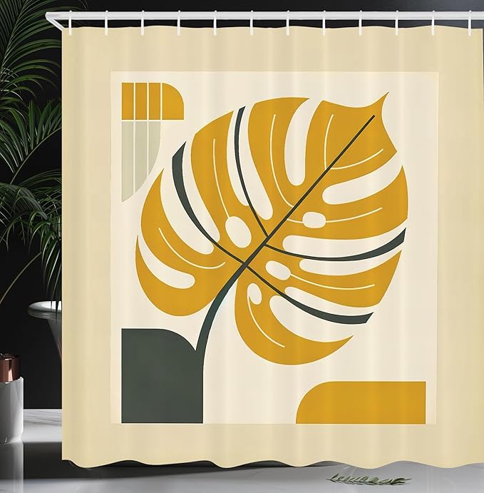 Ambesonne Yellow Shower Curtain, Abstract Modern Monstera Leaf Paint with Geometric Shapes and Frame Like, Cloth Fabric Bathroom Decor Set with Hooks, 69" W x 84" L, Orange Dimgray Beige
