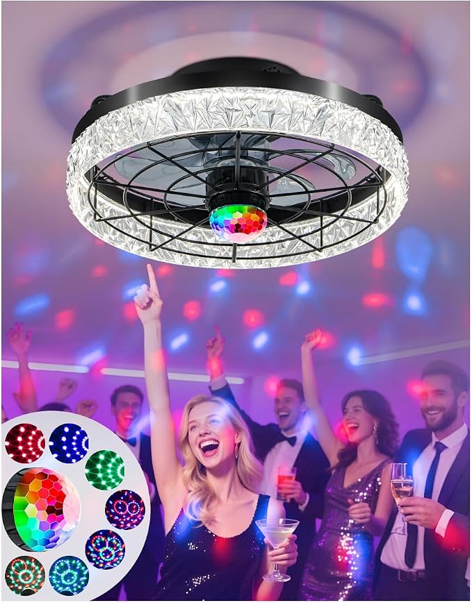 Disco Ceiling Fans with Lights,7 Color Disco Ball Modes, Flush Mount Low Profile Ceiling Fan with Light and Remote Control Dimmable 3 Color Reversible Motor 6 Speeds for Bedroom Living Room Party