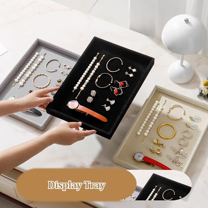Large Velvet Jewelry Tray 2 Pack Stackable Jewelry Display Drawer Inserts Trays Organizer for Earring Bracelet Necklace Ring (Black, 1 Grid)