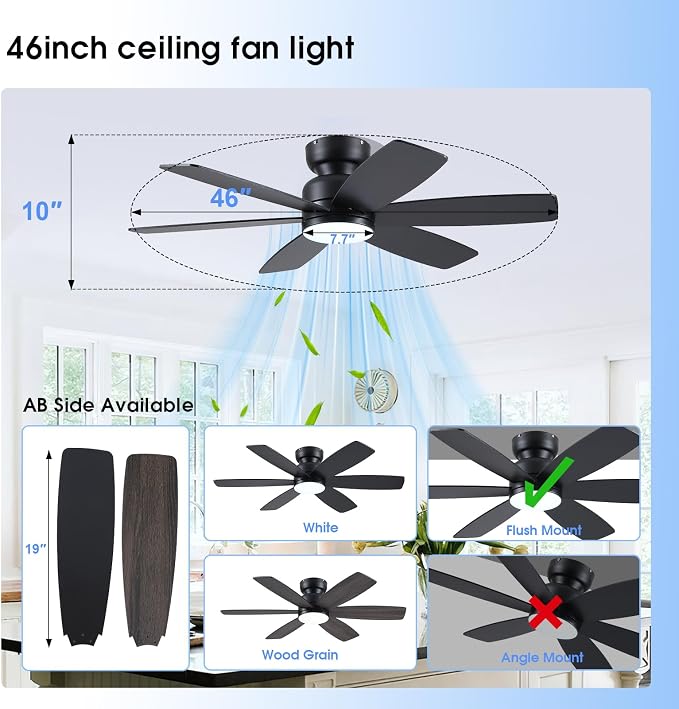 Kviflon 46 Inch Modern Ceiling Fans with Lights Remote/APP Control, Low Profile Ceiling Fan with Light, Flush Mount, 3CCT, 6 Reversible Blades, 6 Speeds, Double Sided for Bedroom Living Room, Black