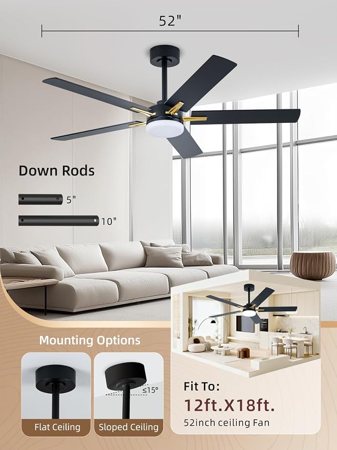 LANMEL 52 Inch Ceiling Fans with Lights, App&Remote Control, Low Profile Modern Ceiling Fan, 6 Speed, Reversible, 3000k-6500k Dimmable LED, Quiet DC Motor for Indoor Outdoor Use, Gold Black