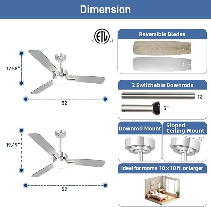 hykolity 52 Inch Modern Nickel LED Ceiling Fan with Light and Remote | 3CCT Dimmable LED Light, Quiet Reversible DC Motor, 6-Speed, Downrod Included, 3 Blade Ceiling Fans for Bedroom Living Room