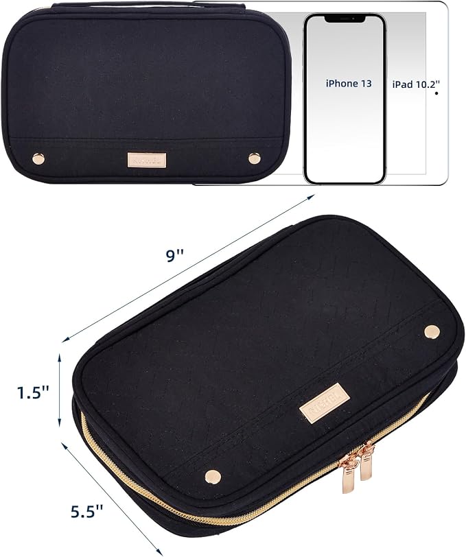 NISHEL Travel Jewelry Case Organizer, Tangle-Free Necklace Storage Bag | Stores rings, earrings, bracelets and watches in a compact case for travel, vacations and daily use, Black, Medium