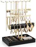 VLANDO 3 Tier Jewelry Stand Organizer with Tary, Leather Jewelry Holder Display for Women, Gold Jewlery Holder Display for Necklace, Earring, Bracelet, Rings - Black