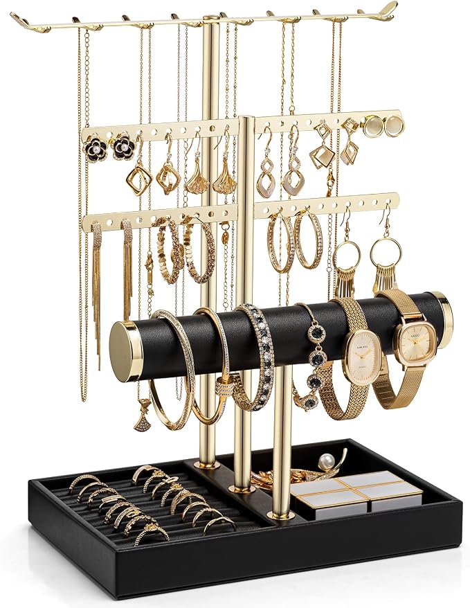 VLANDO 3 Tier Jewelry Stand Organizer with Tary, Leather Jewelry Holder Display for Women, Gold Jewlery Holder Display for Necklace, Earring, Bracelet, Rings - Black