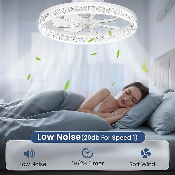 CHAREADA Ceiling Fan with Light, 20" Modern Low Profile Foldable Ceiling Fans with 6 Wind Speeds (Crystal White)