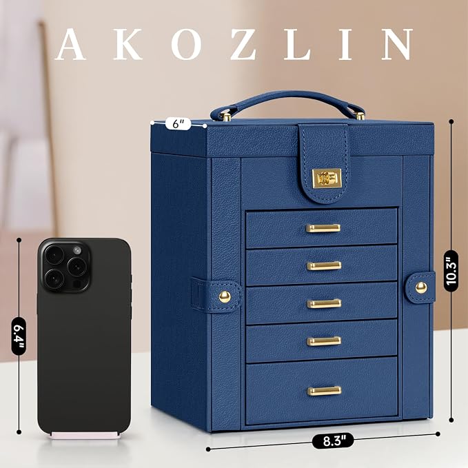 AKOZLIN 6-Tier Jewelry Box Organizer Functional 5 Drawers Leather Jewelry Storage Case for Women Girls Ring Necklace Earring Bracelet Holder Organizer with Mirror Blue Regular