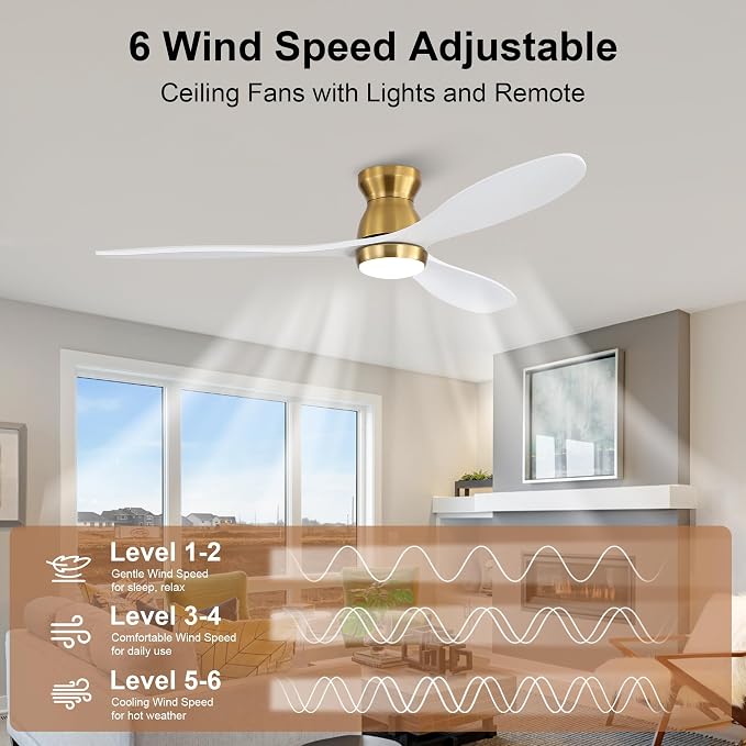 52 Inch White Ceiling Fan with Light and Remote & APP Control, 3 Wooden Blades, 6 Wind Speeds, Quiet DC Motor, Indoor Low Profile Ceiling Fan for Bedroom Living Room Farmhouse Patio