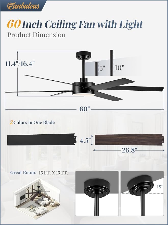 Fanbulous 60 Inch Ceiling Fans with Lights and Remote, Reversible 6 Blades & Dimmable 3-Color Outdoor Ceiling Fans for Patios, DC Motor Large Ceiling Fan for Indoor or Covered Outdoor-Black