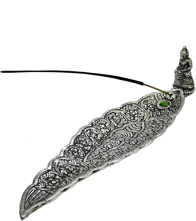 Leaf Shaped Incense Stick Holder Handcrafted in Aluminum with Miniature Figures (Buddha)