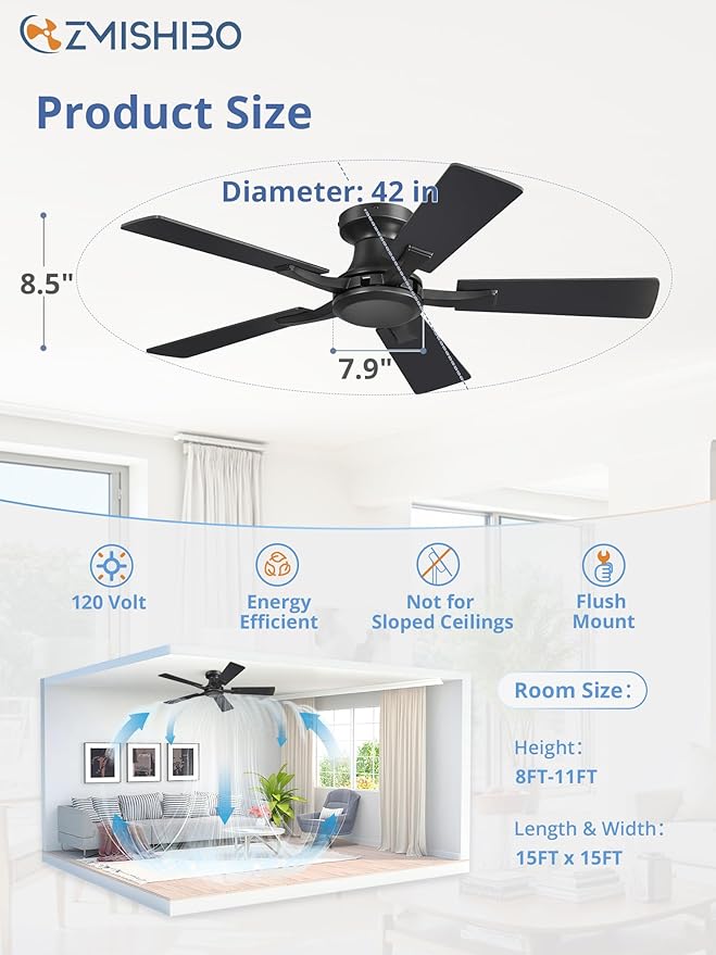 ZMISHIBO 42 Inch Ceiling Fan No Light, Flush Mount Low Profile, Modern Black Ceiling Fan Without Light, Remote Control & Quiet DC Motor, for Indoor&Outdoor, Bedroom, Living Room