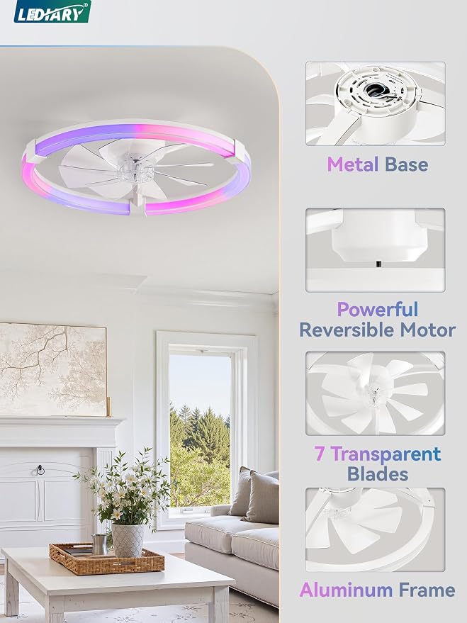 LEDIARY Ceiling Fan with Light,23inch Low Profile Fandelier with Remote RGB | RGB,6 Speeds, Reversible DC Motor, Dimmable Flush Mount Fan Light, Modern fans for Bedroom