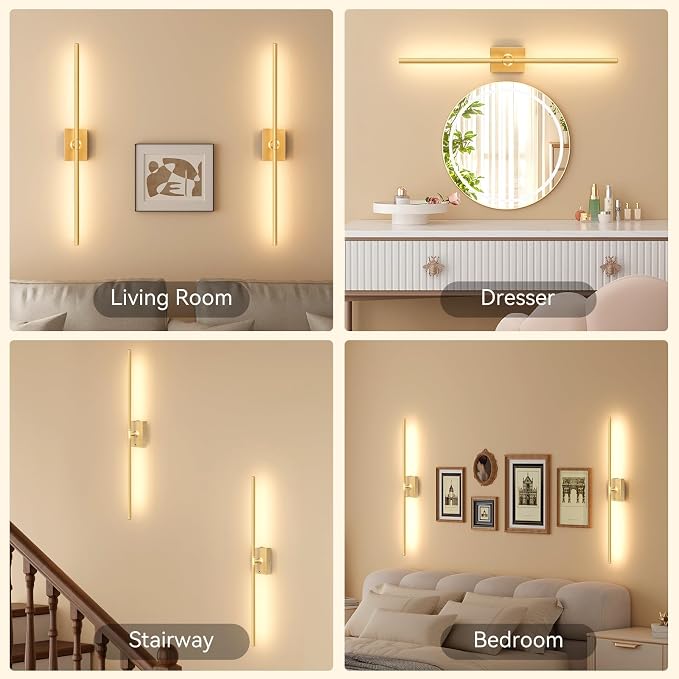 Ouyulong Battery Operated Wall Sconces Set of 2, 10000mAh Wireless Rechargeable 3000-6000K Dimmable 350° Rotate Wall Light with Remote for Living Room, Bedroom 27.6in Gold