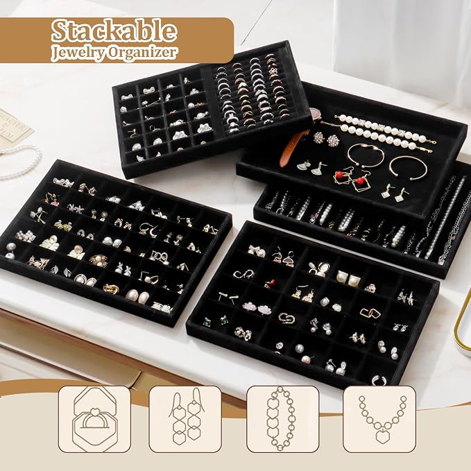 Large Velvet Jewelry Tray 2 Pack Stackable Jewelry Display Drawer Inserts Trays Organizer for Earring Bracelet Necklace Ring (Black, 16 Grids)