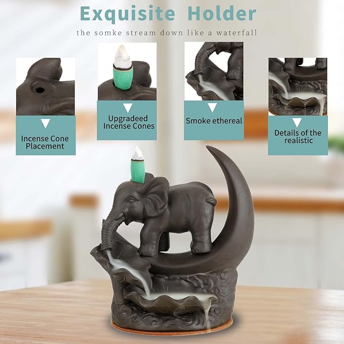 YYW Elephant Backflow Incense Burner Holder Waterfall Incense Cones Burner with 20 Incense Cones,30 Incense Stick,1 Tweezer,1 Mat Gift for Aromatherapy Ornament Home Decor (Small Size)