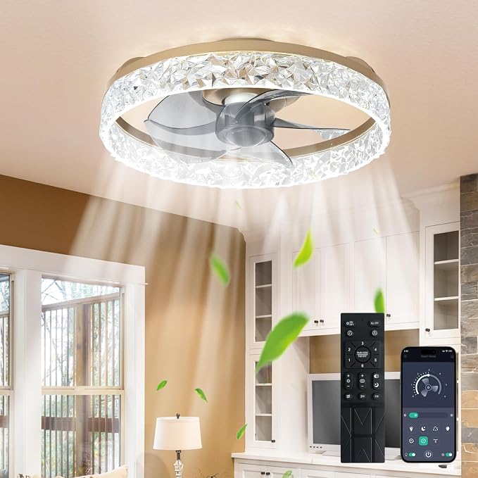 Depuley Ceiling Fans with Lights and Remote: 16" Modern Low Profile Flush Mount Ceiling Fan with App Remote Control - Gold Fandelier for Bedroom Living Room Kitchen Dimmable Quiet DC Motor
