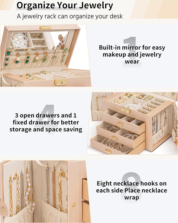 AKOZLIN Large 4-Tier Jewelry Box Leather Jewelry Storage Organizer with 3 Drawers Lockable for Women Girls Ring Necklace Earring Bracelet Watches Holder with Mirror Champagne